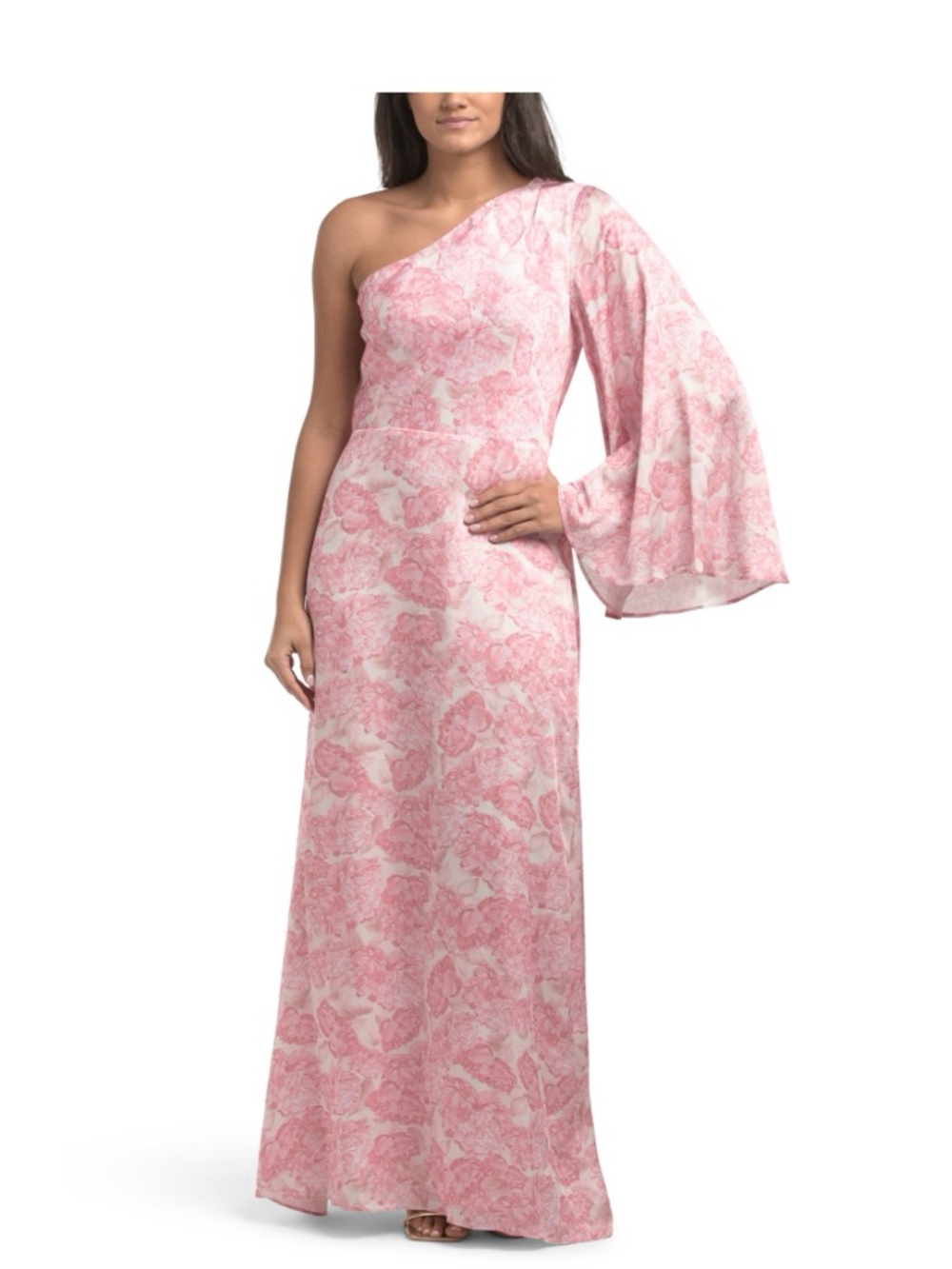 Sachin + Babi One-Shoulder Pink Floral Maxi Gown with Statement Bell Sleeve. NWT